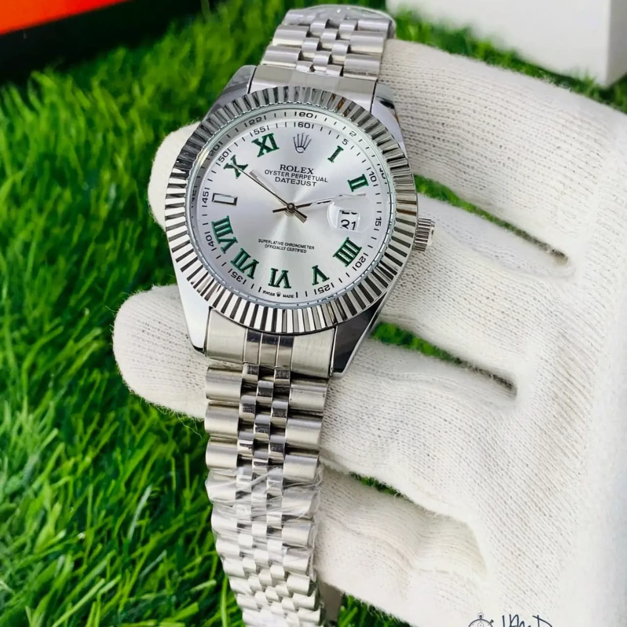 Premium Datejust Style Wimbledon Watch | White Dial Green Roman | Stainless Steel | Date Display | For Men